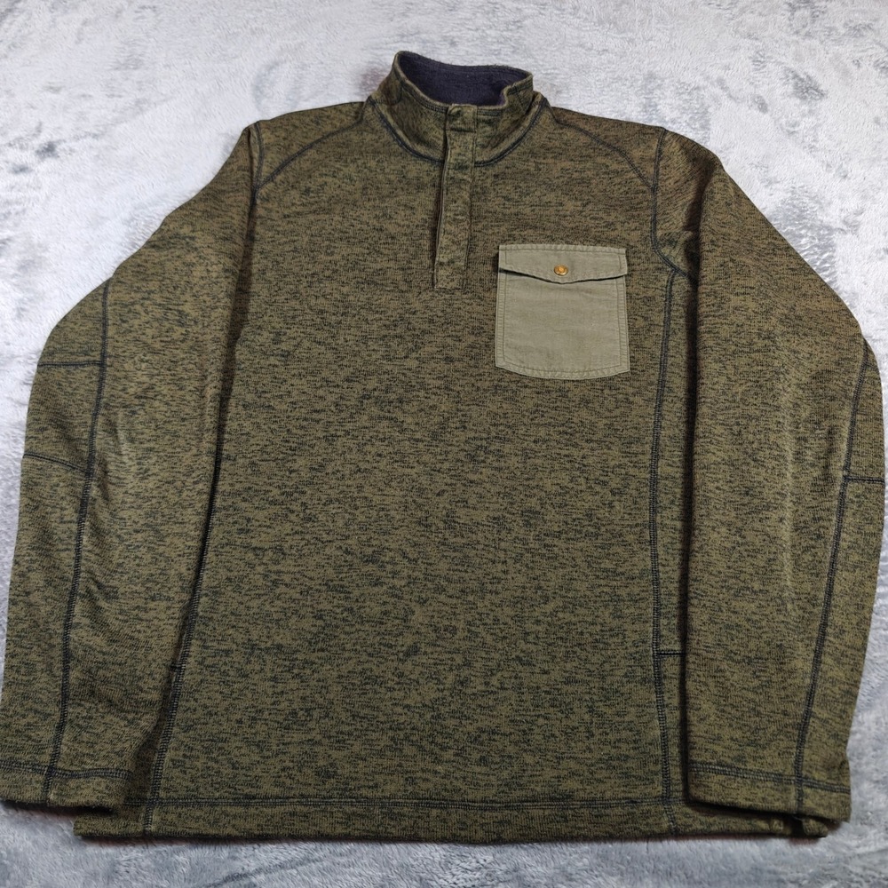 REI Fleece Pullover Mens Medium Green Marled Quarter Snap Mock Neck Pocket
